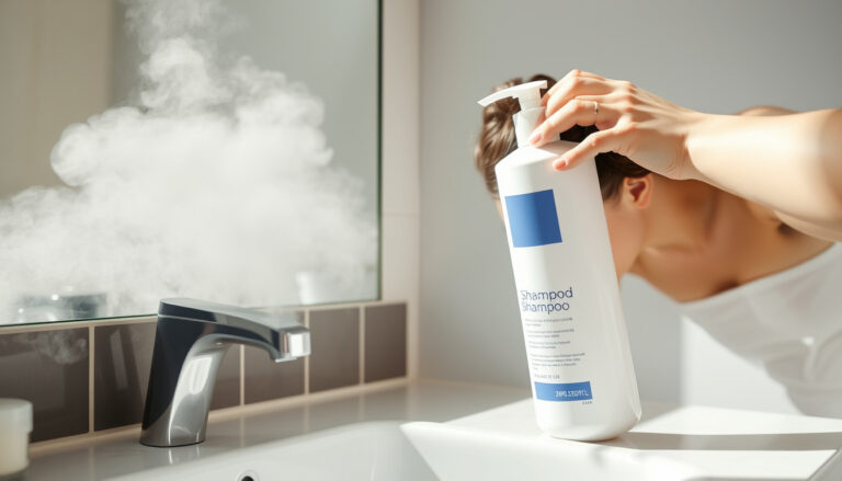 Henkilö pesee hiuksia suihkussa hieroen shampoota hiuspohjaan, kylpyhuoneen peili höyryssä