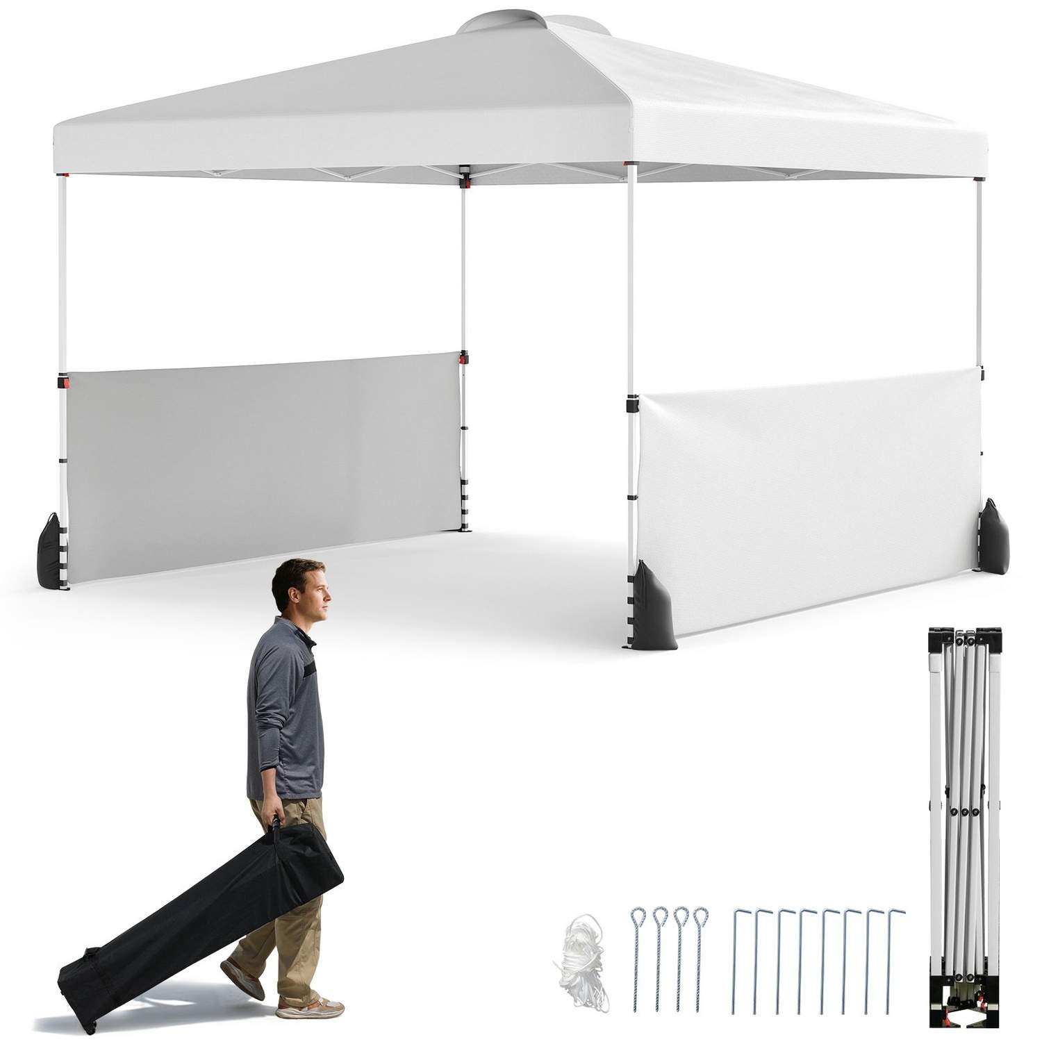 Pop-Up-paviljonki 3x3m sivuilla ja pussilla