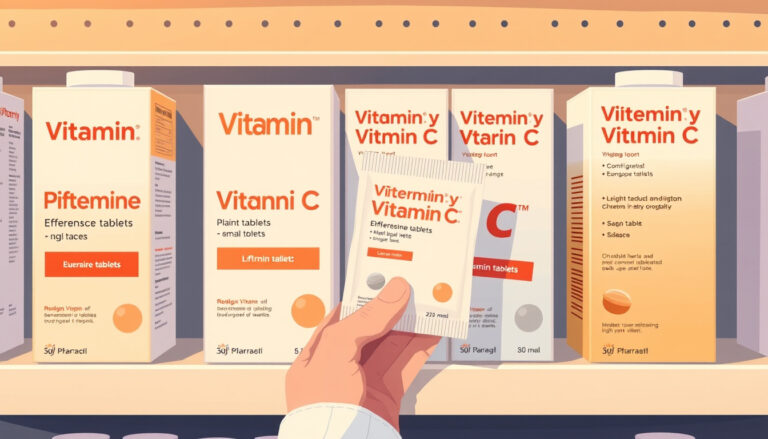Apteekin hyllyllä makaa useita C-vitamiinivalmisteita, ja käsi vertaa pakkauksia vertaillaan annosta ja muotoa.