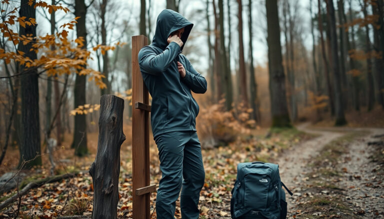 Vaeltaja pukee joustavan softshell-takin ja housut syksyisellä polulla ennen kävelyn alkua