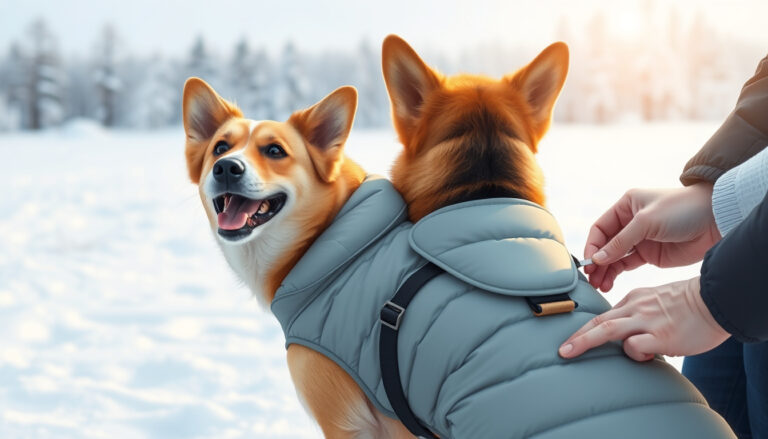 Kylmässä talvisäässä liivillä puetulla pystykorvaisella koiralla on eristetty toppatakin mallinen suojaus, joka pitää sen lämpimänä ulkoillessa.