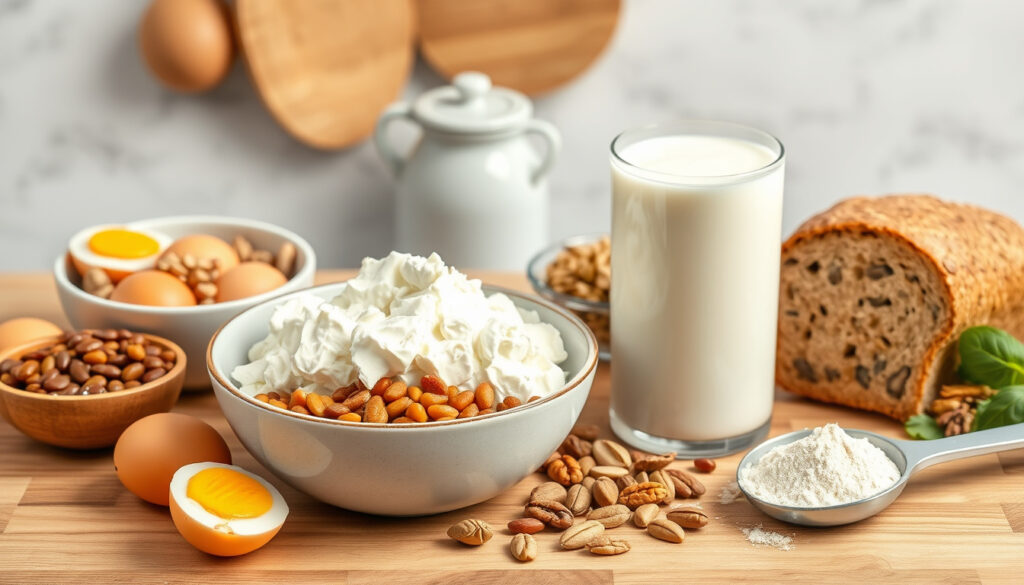 Keittiöpöytä, jolla on proteiinipitoisia ruokia kuten rahkaa, kananmunia, linssejä, papuja, täysjyväleipää, pähkinöitä ja siemeniä sekä mittalusikka jauhetta lasin maidon vieressä.