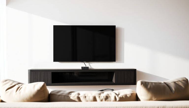 Ohut kiinteä seinäteline pitää suurta litteää televisiota tiiviisti vaalean olohuoneen seinässä, kaapelit piilossa.